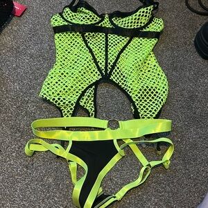 Neon green fishnet lingerie